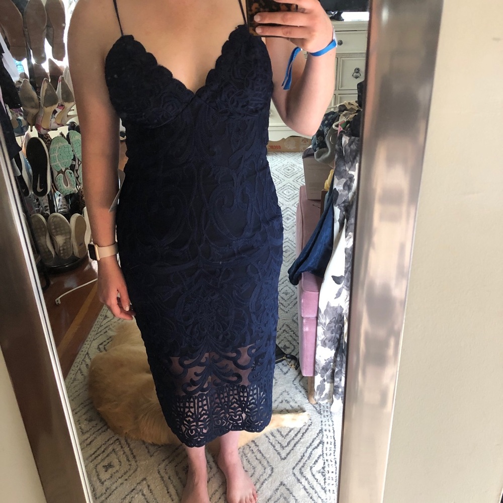Bardot Navy strappy dress with beautiful lace detail
